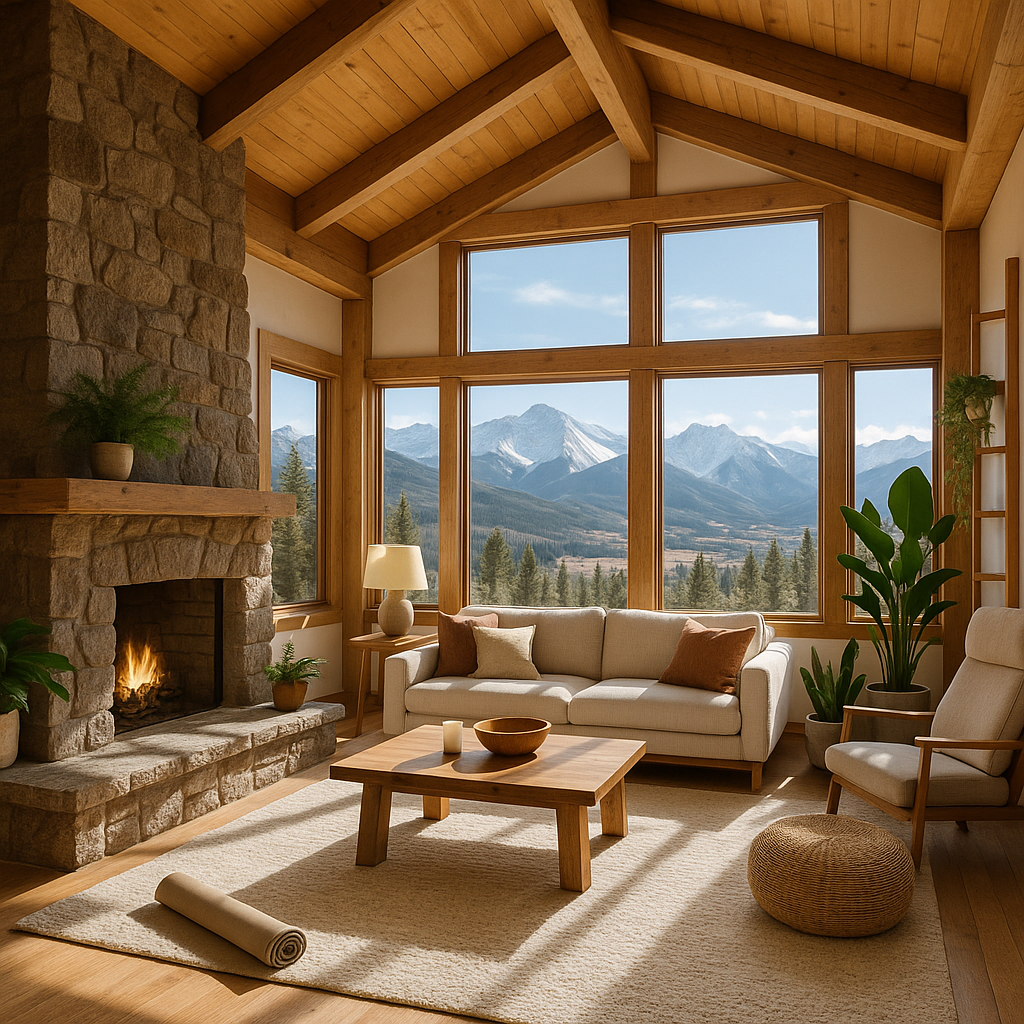 Peaceful, clean living room with mountain view